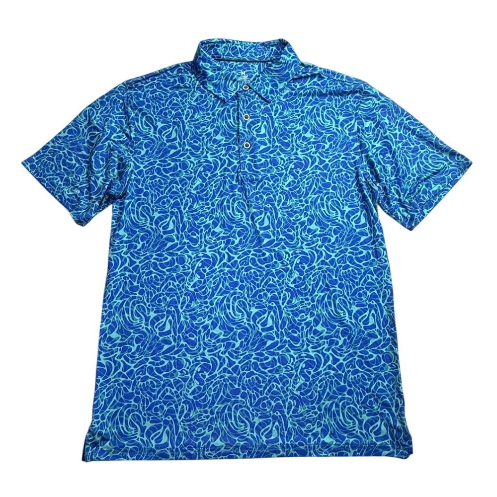 Mens Performance Polo Shirt Blue Teal Abstract Stretch Moisture Wicking M-2337